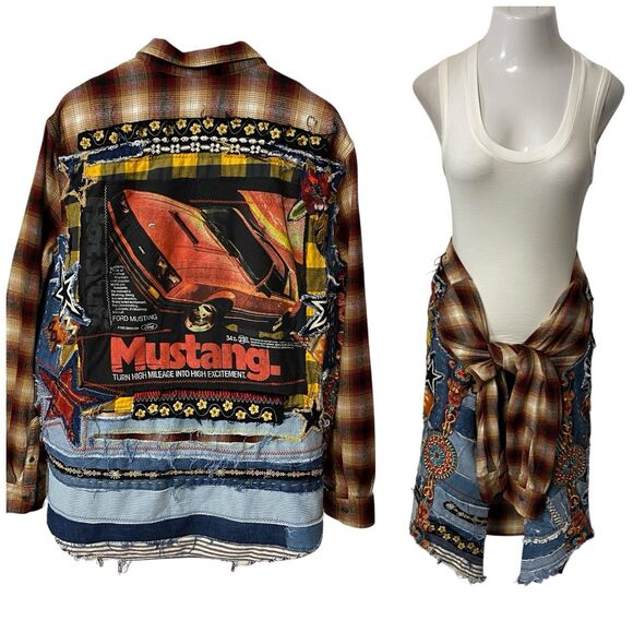 Upcycled Flannel Shirt Shacket Womens 3XL Mustang Grunge Patchwork Mechanic Cars - Picture 1 of 16